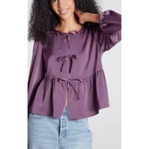 A New Day‎ Purple Satin Peplum Tie Front Long Sleeve Blouse Plus Size 3X
